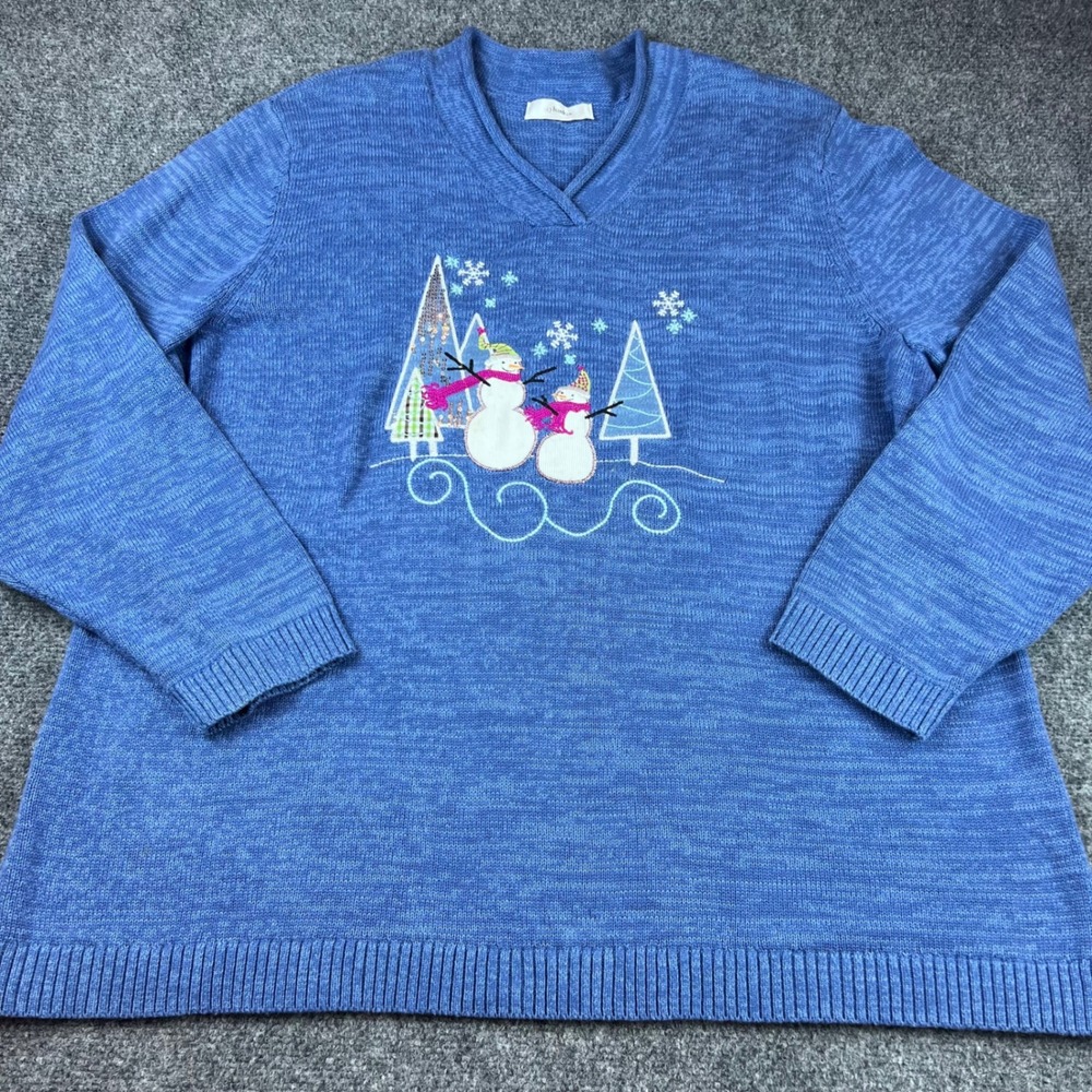 CJ Banks Blue Snowman Christmas Sweater Cotton Knit Sequin Trees Womens 2X